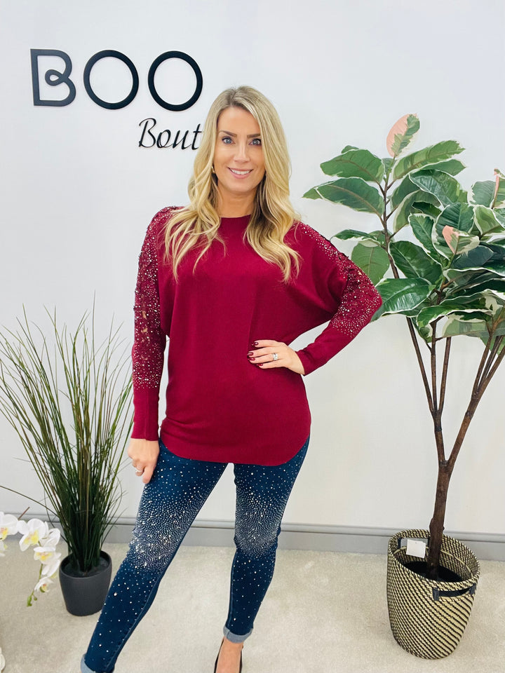 LADIES DIAMANTE SLEEVE BATWING JUMPER BURGUNDY WINE