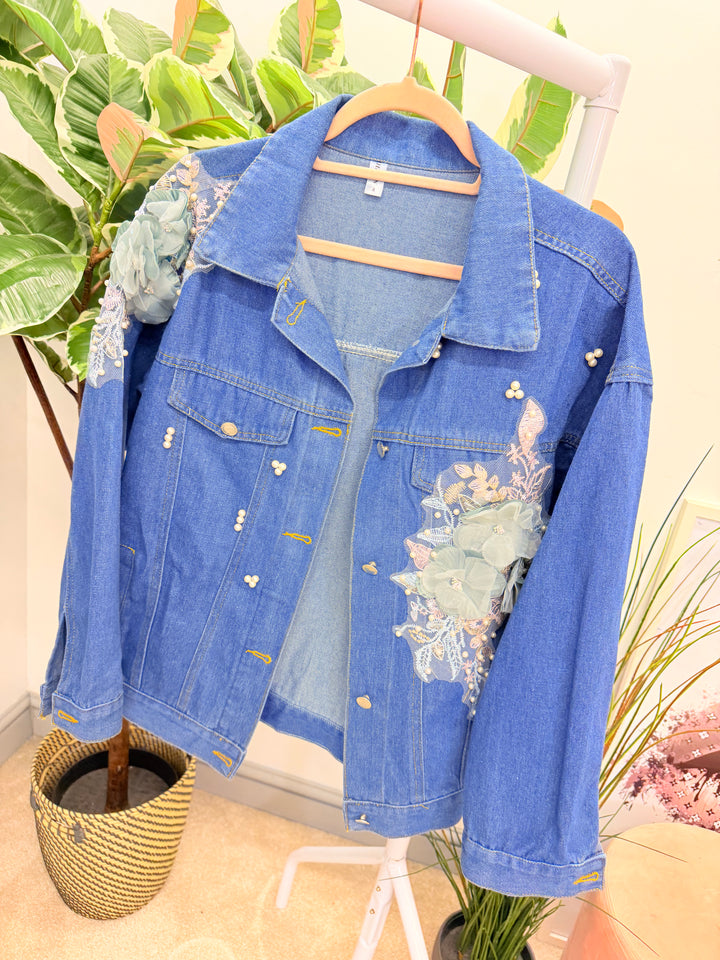 Ladies Blue Denim Applique Flower & Pearl Jacket - Pink & Mint