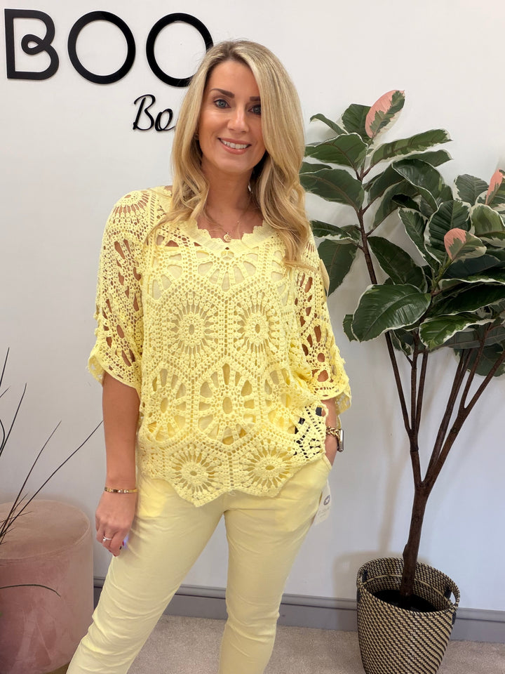 Ladies Fashion Crochet Open Knit Top lemon yellow