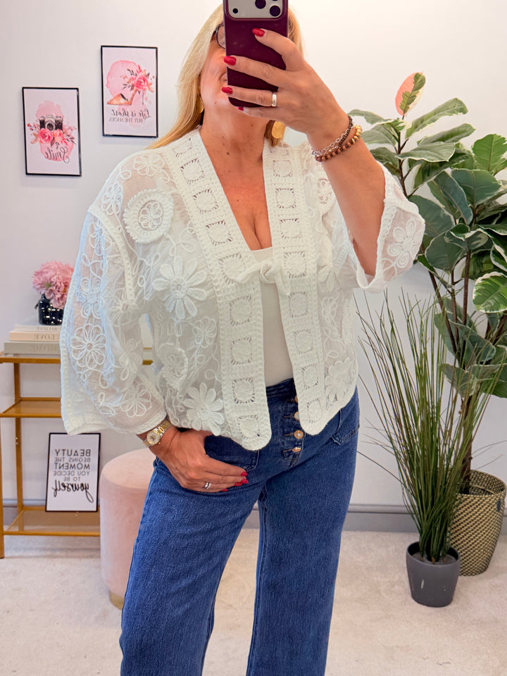 Ladies White Embroidered Bolero Kimono Cardigan