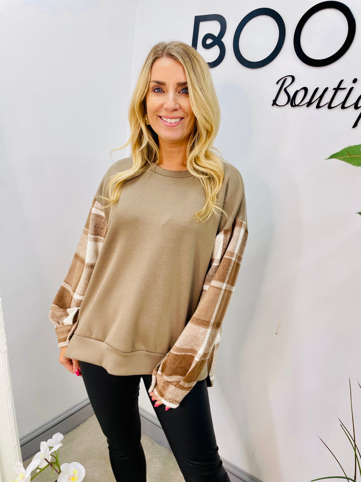 LADIES CHECK SWEATSHIRT TOP - BLACK & MOCHA