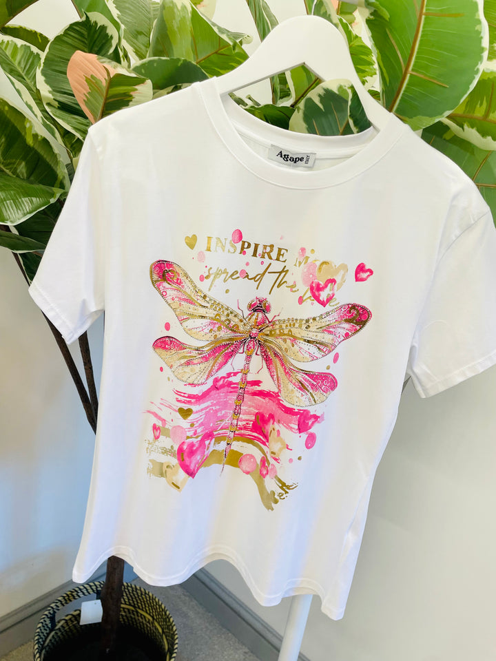 LADIES WOMENS WHITE DIAMANTE T TEE SHIRT - PINK, BLUE & NAVY