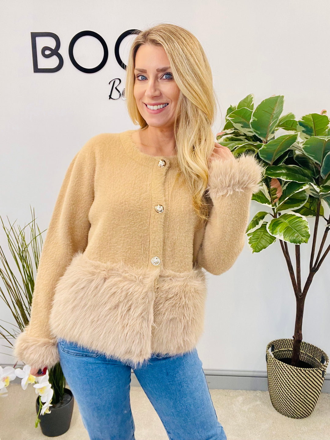 LADIES KNITTED FLUFFY FAUX FUR CARDIGAN - CAMEL, CREAM & BLACK