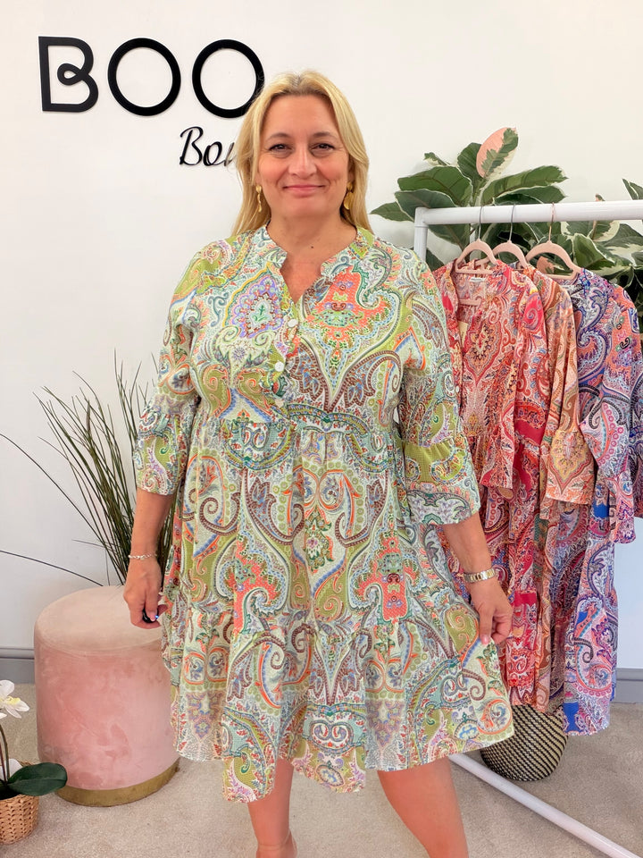 Ladies Paisley Print Smock Summer Dress - green, blue, pink, orange