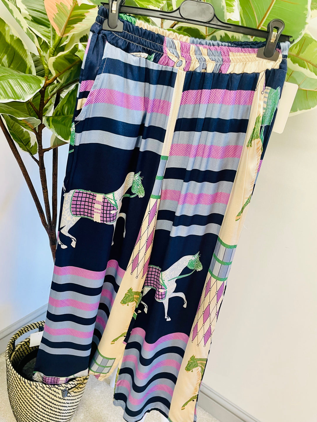 LADIES WOMENS INSPIRED PRINT SATIN PALAZZO PANTS TROUSERS - NAVY, BLACK & KHAKI
