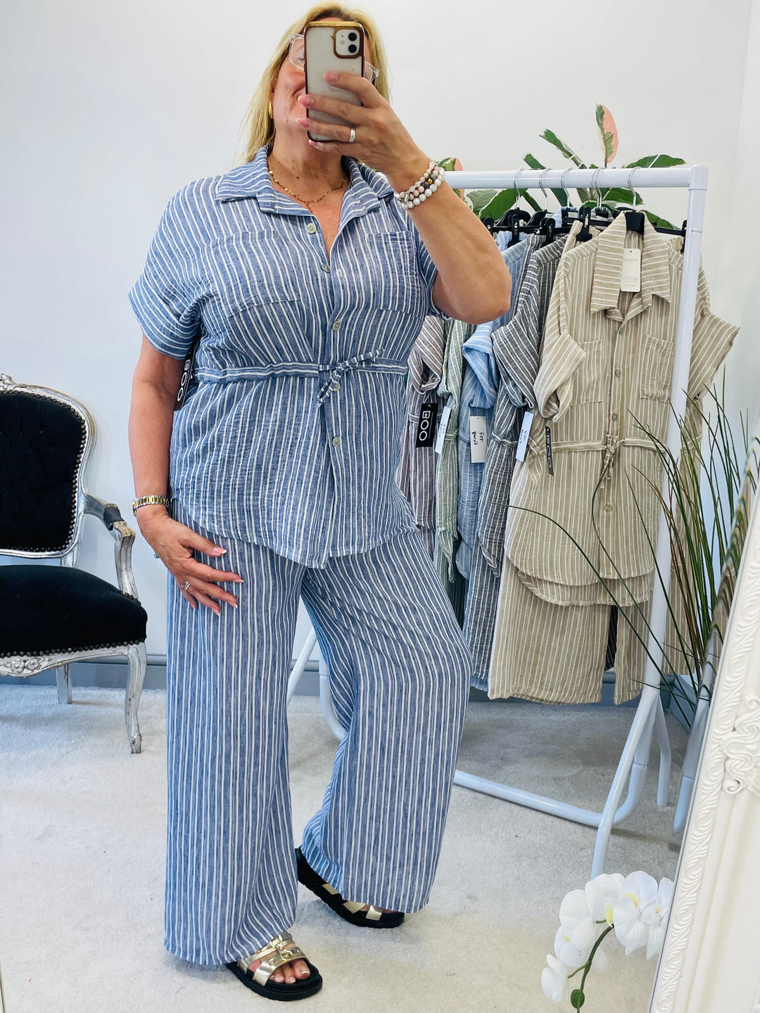 LADIES PINSTRIPE LINEN TROUSER CO ORD SET - BLUE, GREY, KHAKI & BEIGE