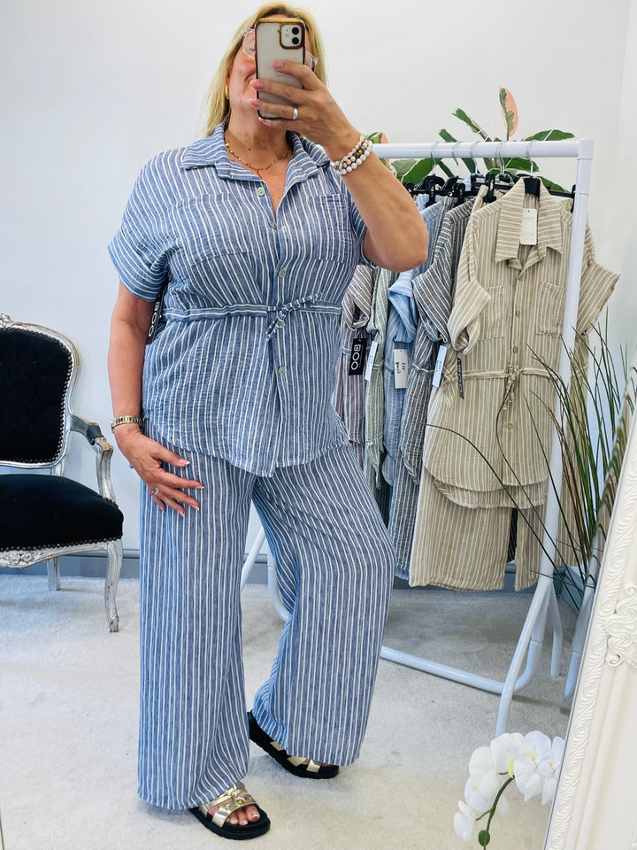 LADIES PINSTRIPE LINEN TROUSER CO ORD SET - BLUE, GREY, KHAKI & BEIGE