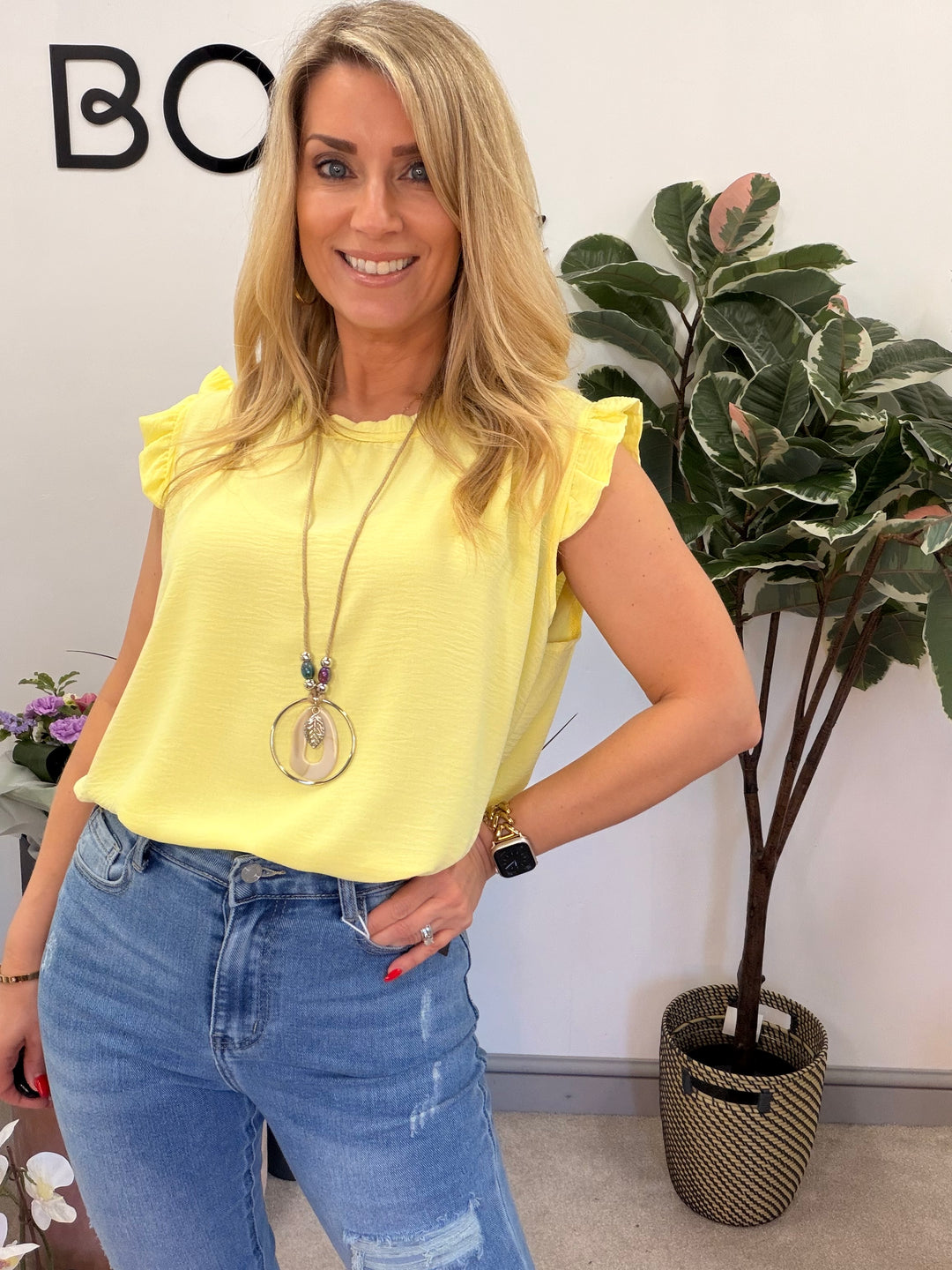 Ladies Fashion Frill Cap Sleeve Top lemon