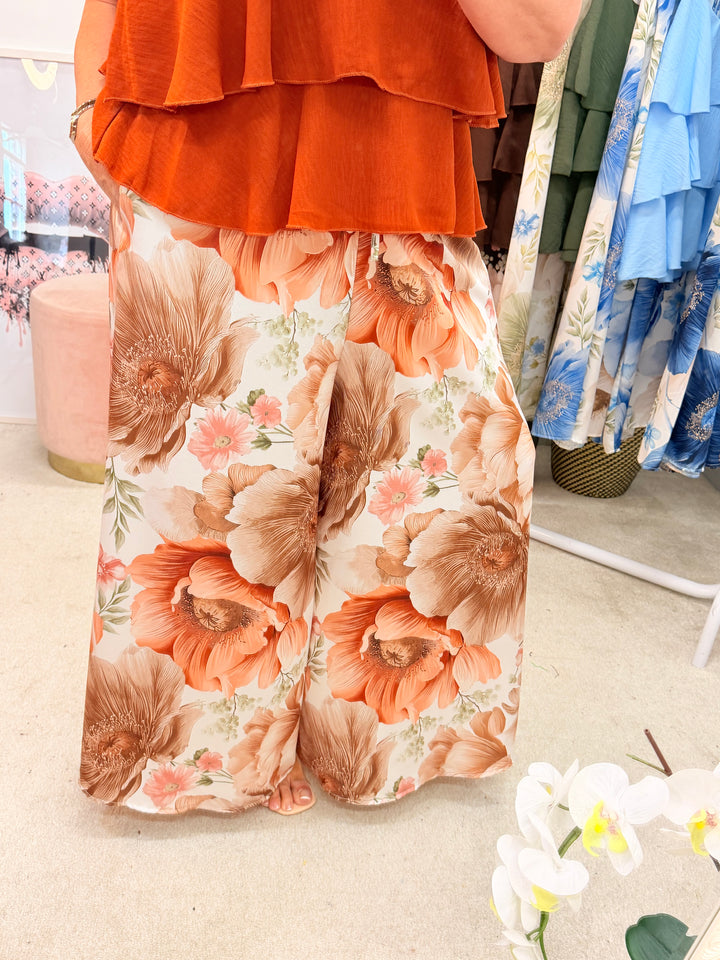 Ladies Satin Flower Print Wide Leg Trousers - Rust, Khaki, Pale Blue, Navy & Black