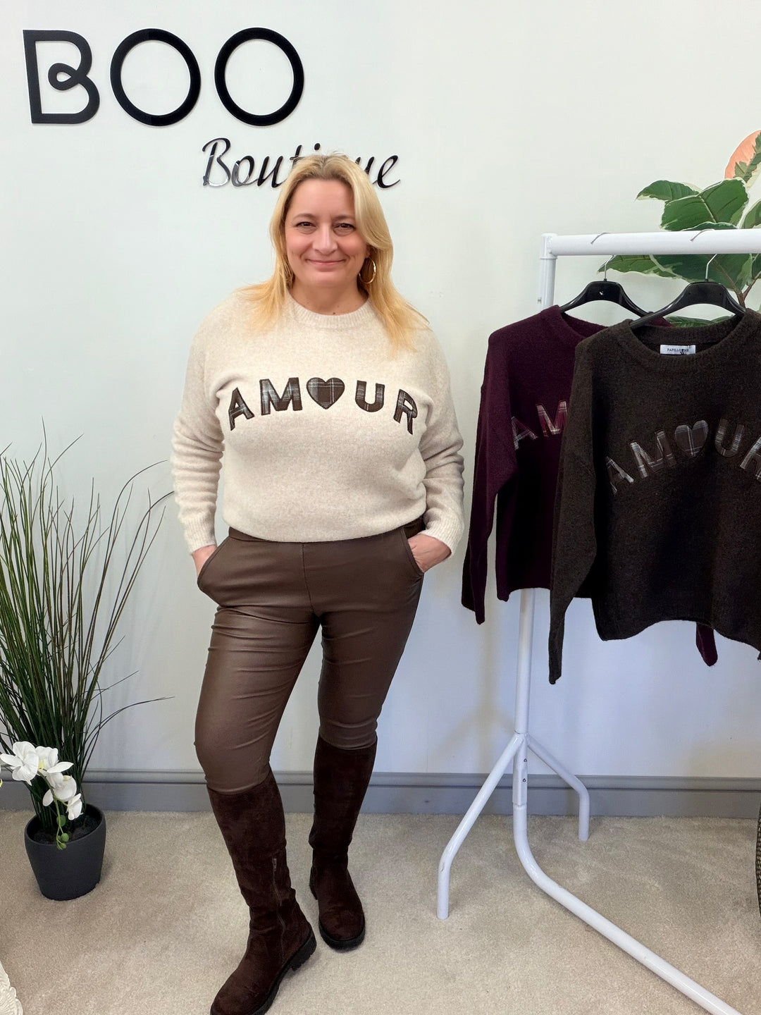 LADIES KNITTED AMOUR JUMPER - BEIGE, BROWN & BERRY