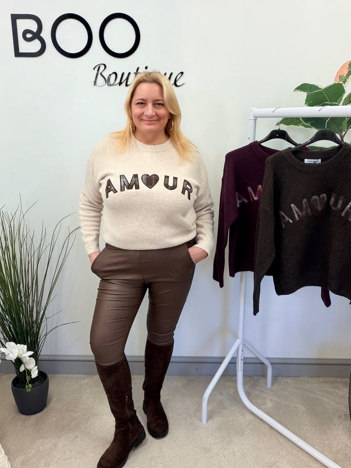 LADIES KNITTED AMOUR JUMPER - BEIGE, BROWN & BERRY