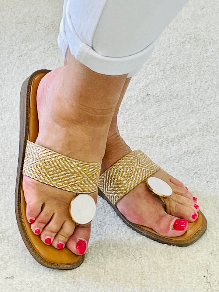 LADIES BEIGE SMALL WEDGE TOE POST SUMMER SANDALS 