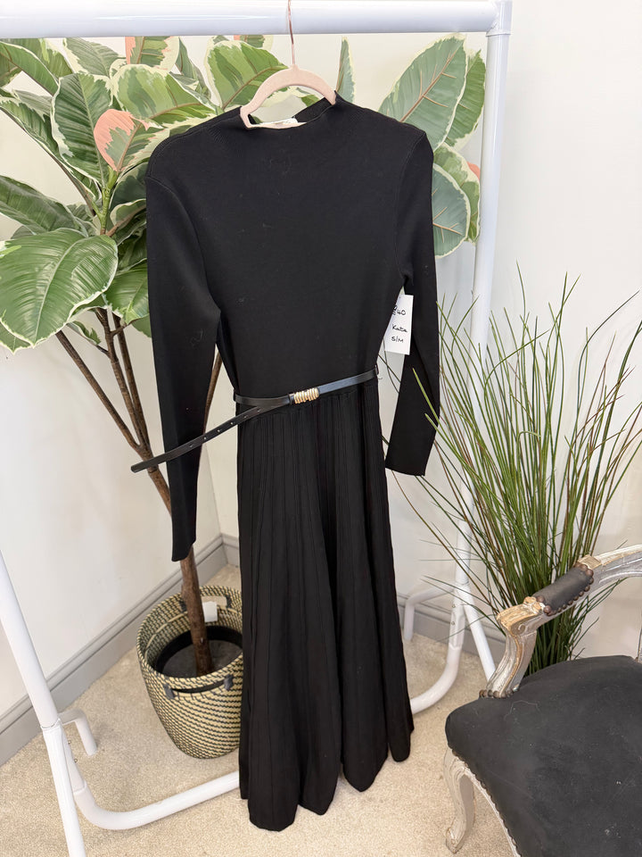 LADIES FASHION BLACK KNITTED PLEATED SKIRT MAXI DRESS