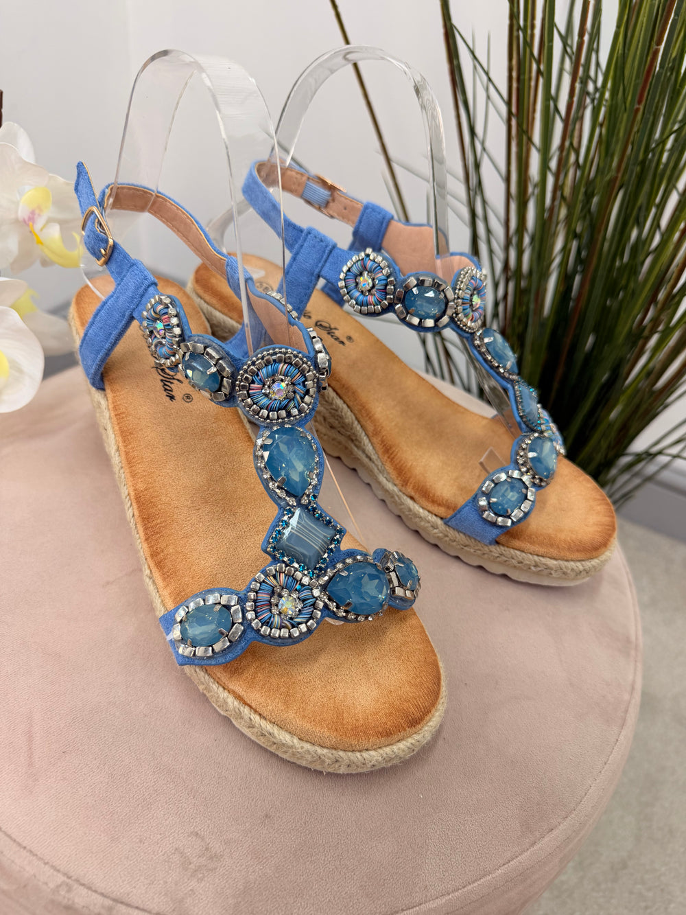 Ladies Fashion Denim Blue Jewelled Mid Wedge Heel Sandals