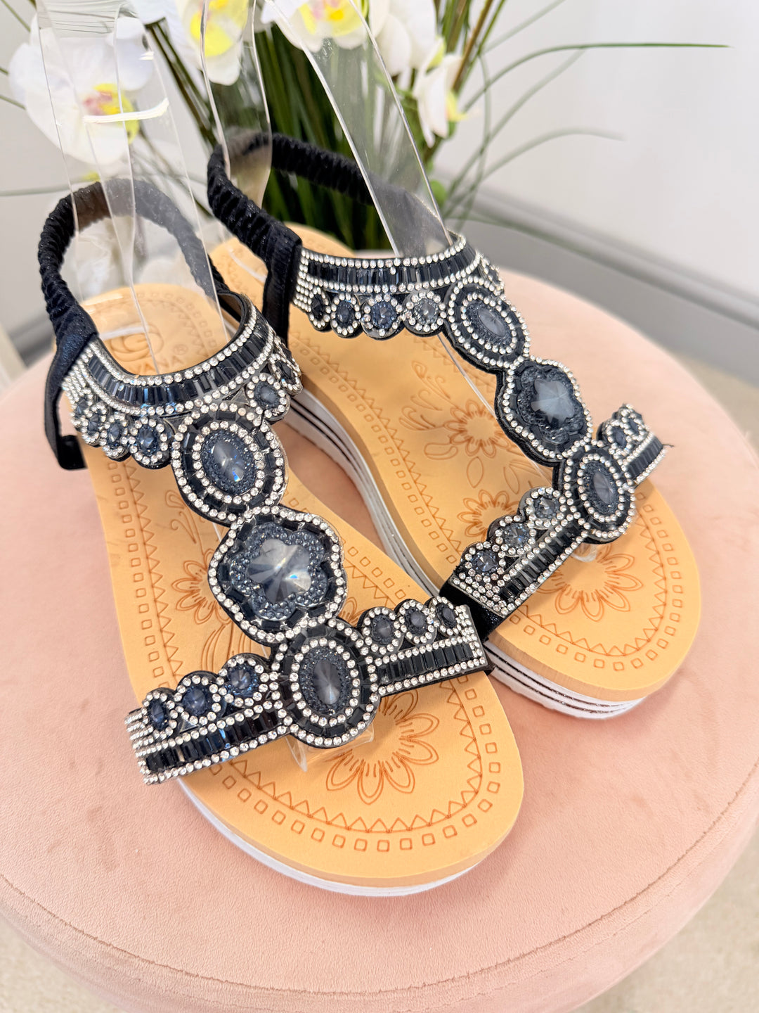Ladies Fashion Black Jewelled Small Wedge Sandals Shoes