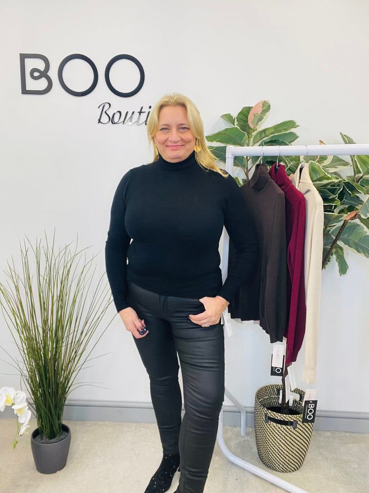 LADIES FINE KNIT ROLL NECK JUMPER - BERRY, BLACK, BEIGE & BROWN