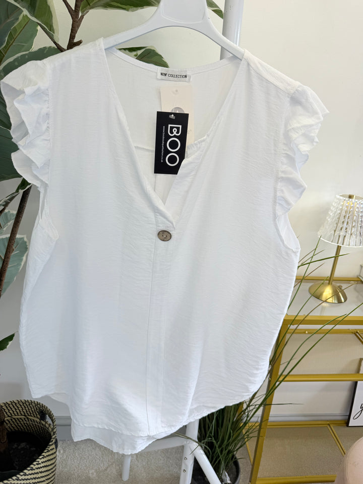 Ladies Frill Sleeve Grandad Top - Blue, Pink, Brown, White, Black & Mocha