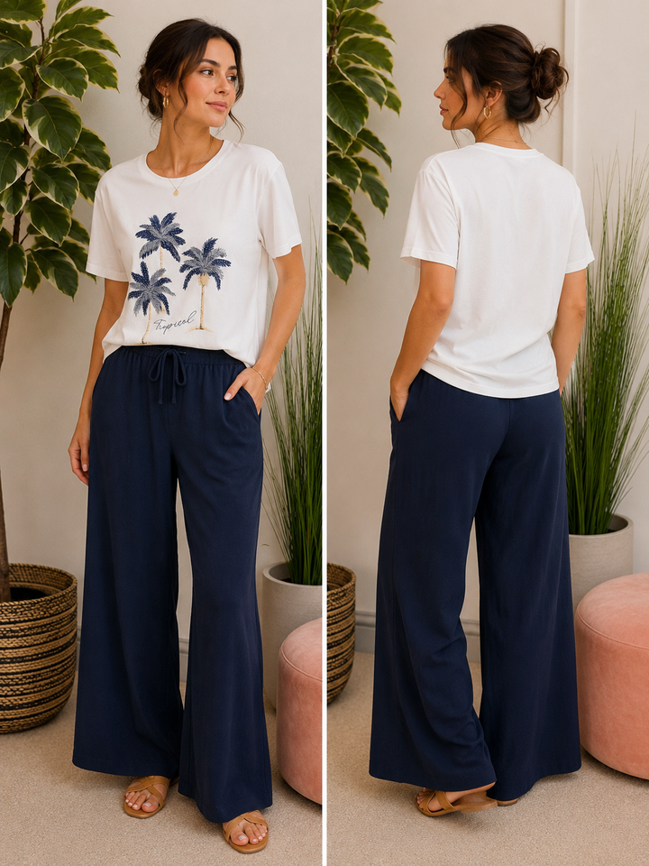 Ladies White Sparkly Tropical Print T Shirt - Navy, Blue, Pink, Khaki & Beige