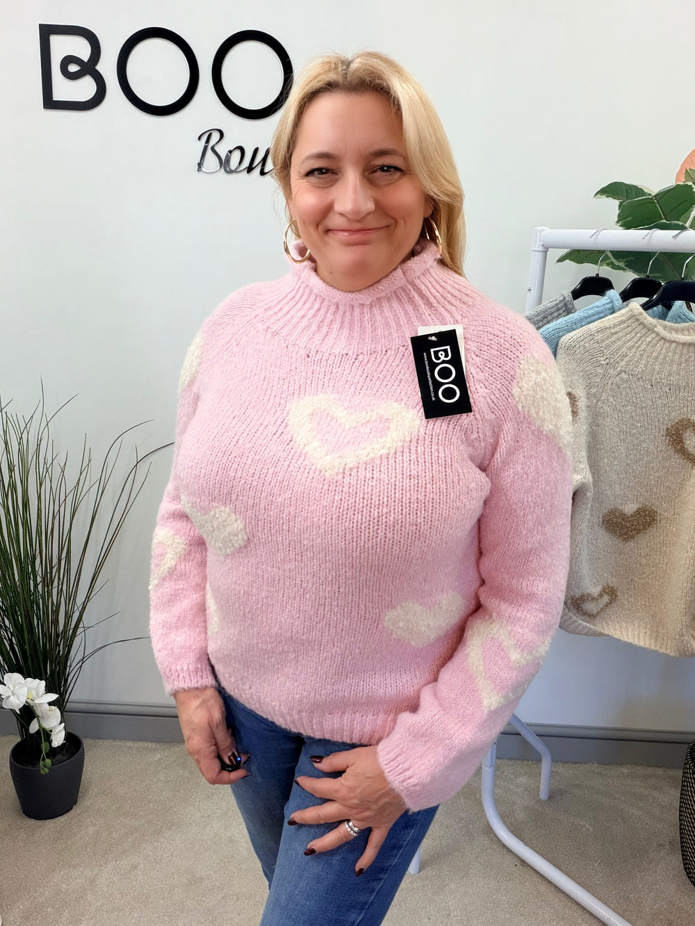 LADIES FASHION CHUNKY KNIT HEART JUMPER - PINK, BLUE, BEIGE & GREY