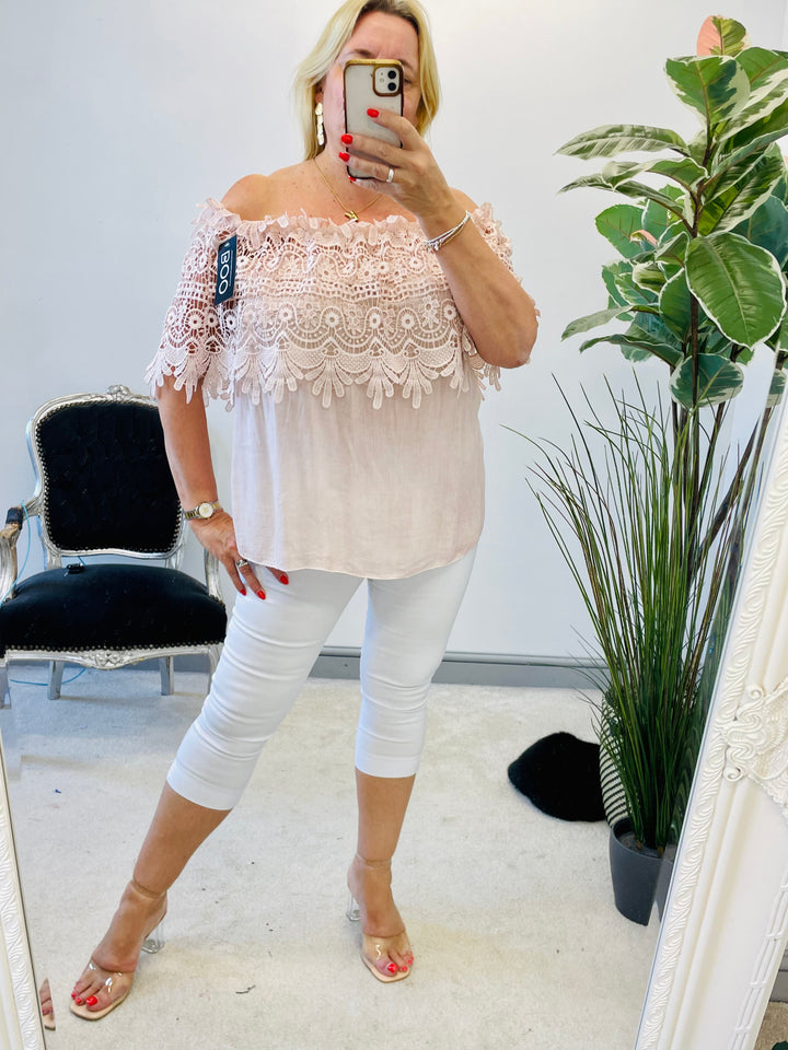 LADIES LACE CROCHET BARDOT SUMMER TOP - FUSCHIA, WHITE, PALE BLUE & PALE PINK