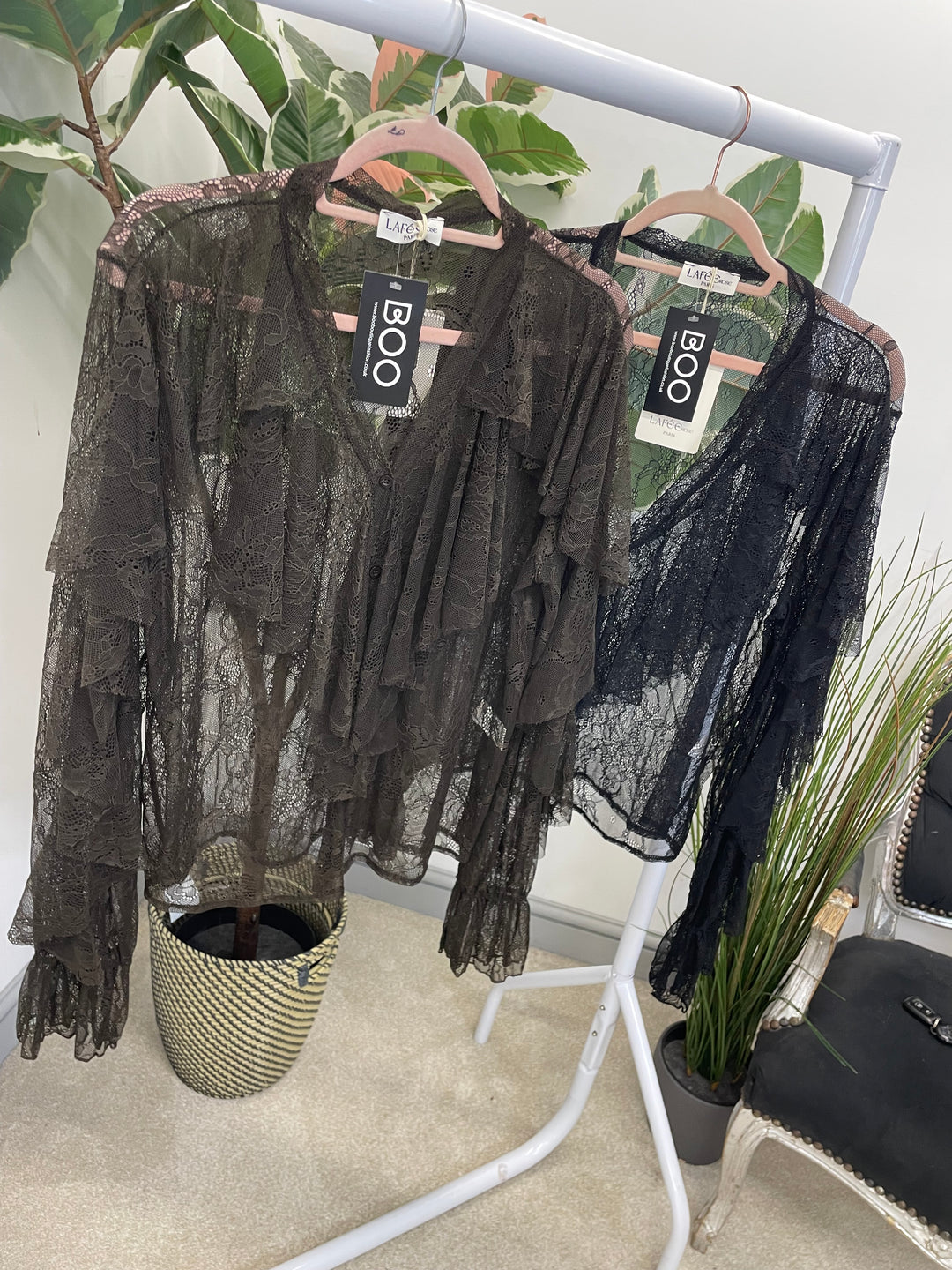 LADIES SHEER NET FRILL BLOUSE SHIRT - BLACK & BROWN