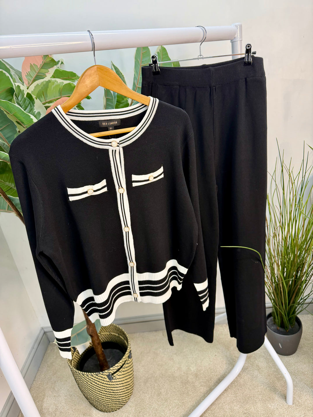 LADIES BLACK TROUSER MONOCHROME CARDIGAN CO ORD SET