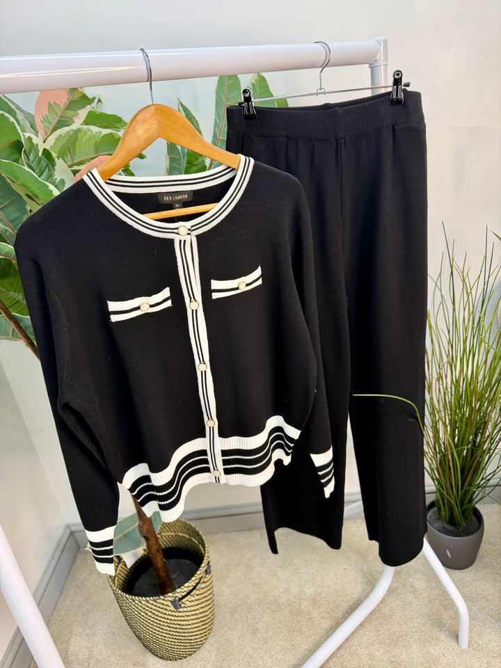 LADIES BLACK TROUSER MONOCHROME CARDIGAN CO ORD SET