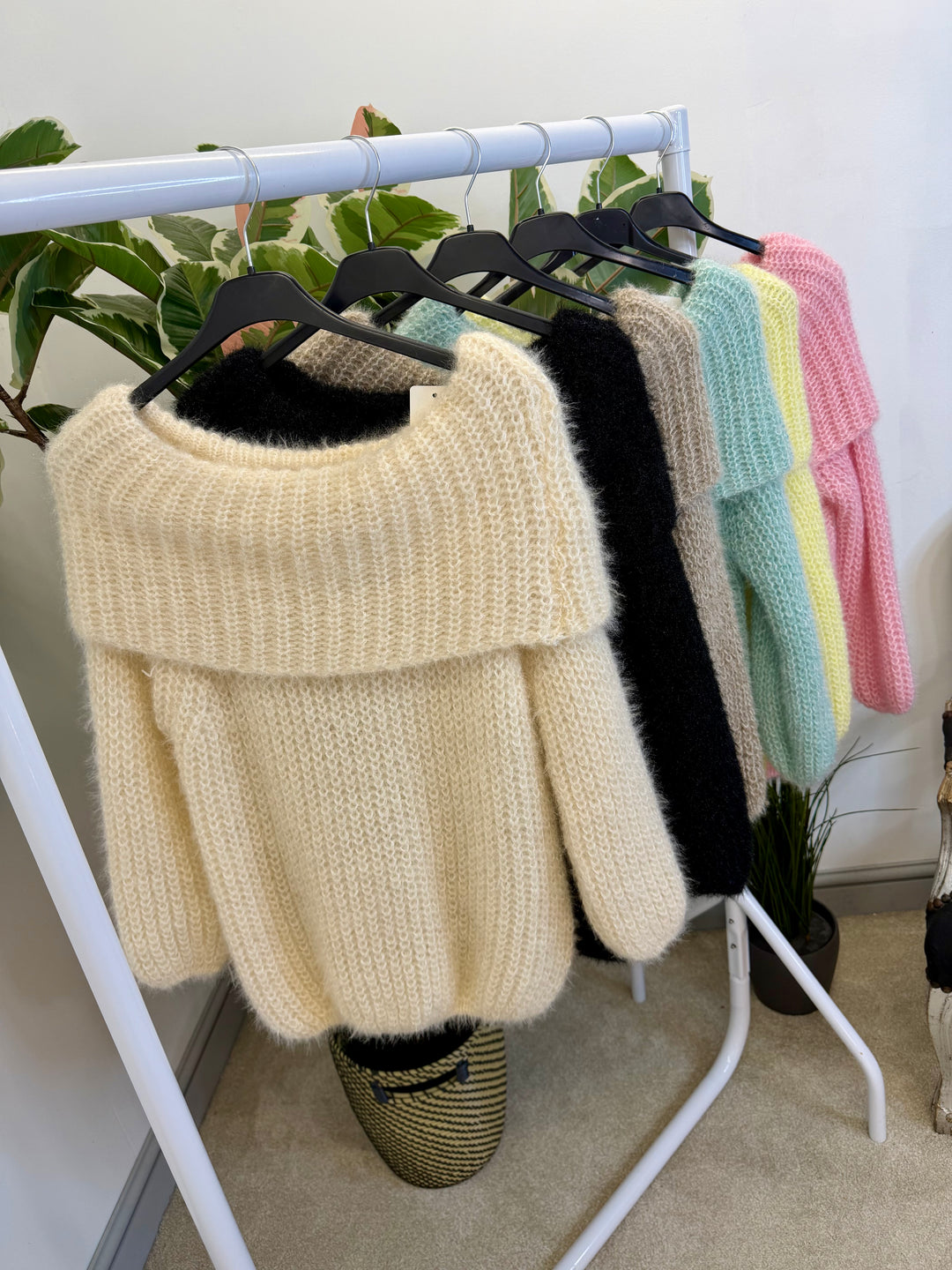 LADIES FLUFFY KNIT BARDOT JUMPER - MINT, BLACK, CREAM, PINK, LEMON & MOCHA