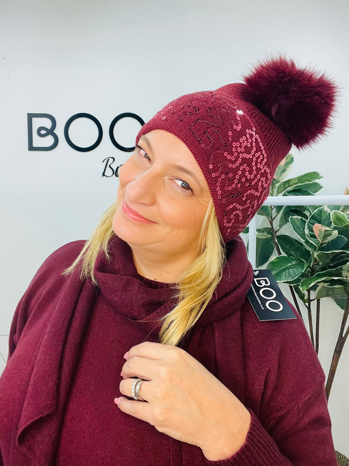 LADIES FAUX FUR DIAMANTE BOBBLE BEANIE HAT - BLACK, WINE, WHITE, BEIGE, BROWN