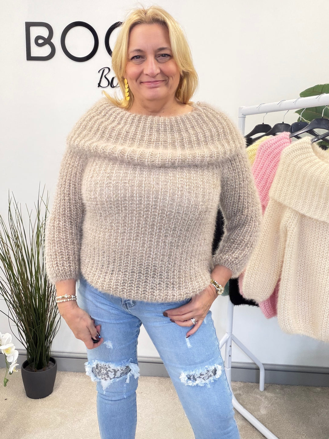 LADIES FLUFFY KNIT BARDOT JUMPER - MINT, BLACK, CREAM, PINK, LEMON & MOCHA