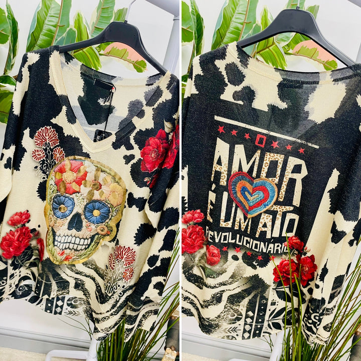 LADIES SKULL PRINT GOLD LUREX LONG SLEEVE TOP