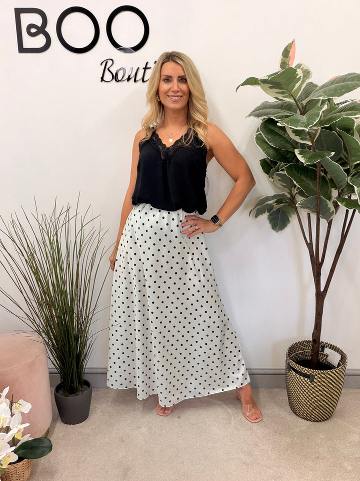 Ladies Satin Polka Dot Maxi Skirt - Black, White, Lemon, Blue & Pink