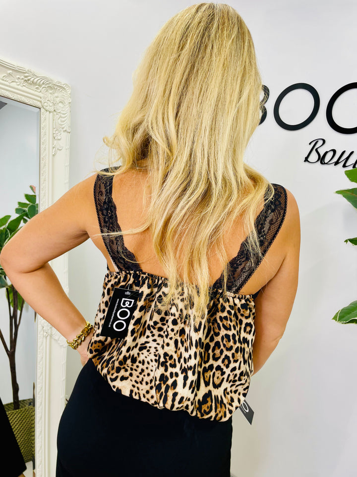 LADIES ANIMAL PRINT SATIN LACE EDGE CAMI VEST TOP - ZEBRA & LEOPARD PRINT