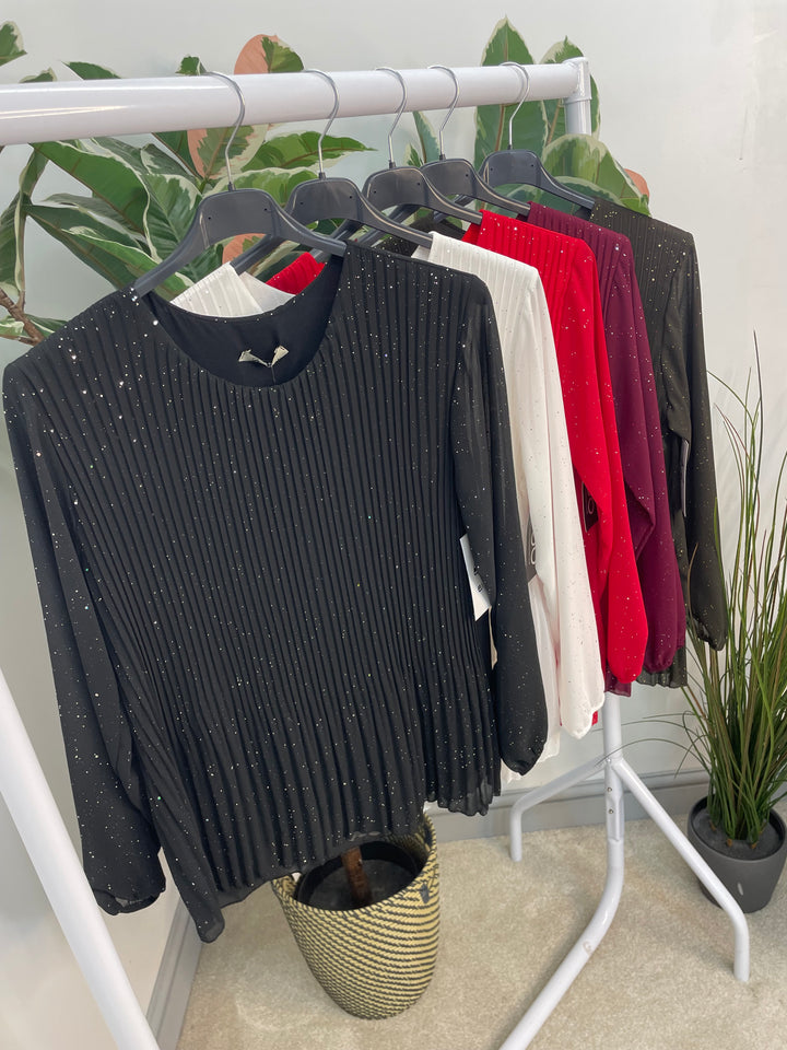 LADIES CHIFFON PLEATED TOP - BLACK, BROWN, WHITE, RED, WINE