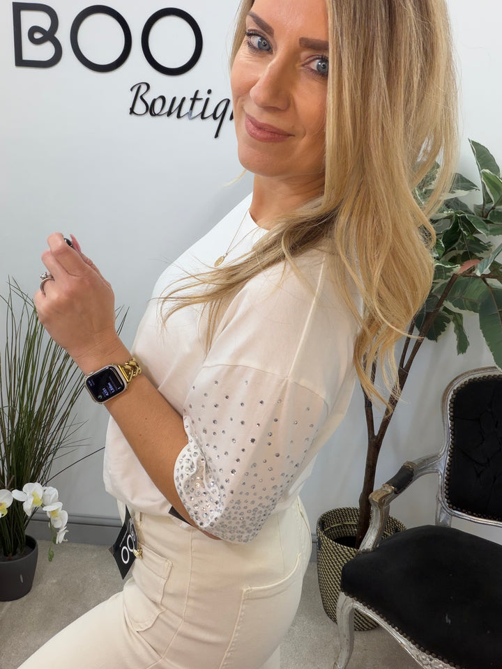 LADIES FASHION DIAMANTE T SHIRT - BLACK, WHITE & YELLOW