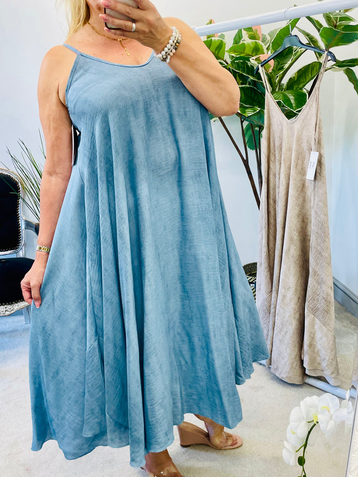 LADIES SUMMER CAMI MAXI DRESS - BEIGE & BLUE