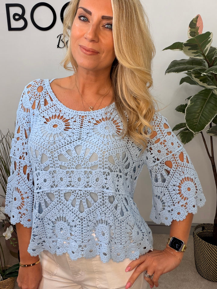 Ladies Pretty Crochet Summer Top pale blue