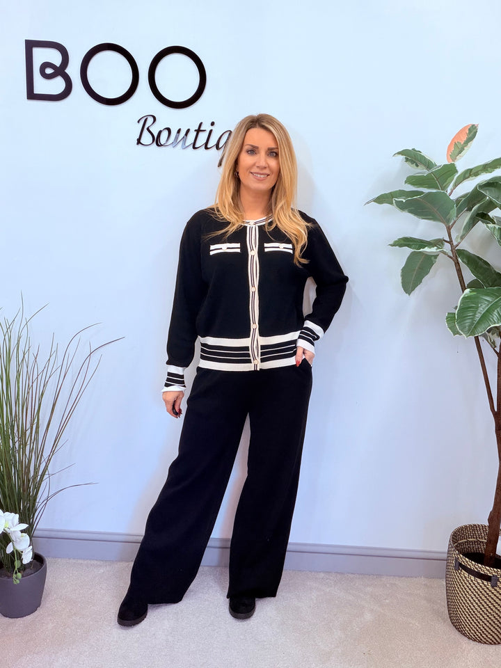 LADIES BLACK TROUSER MONOCHROME CARDIGAN CO ORD SET