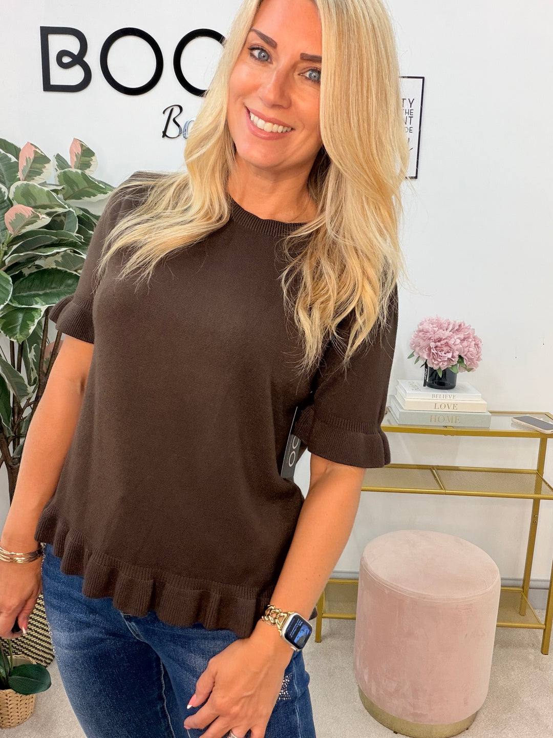 Ladies Fashion Short Sleeve Jumper - Black, Lime, White, Brown & Camel
