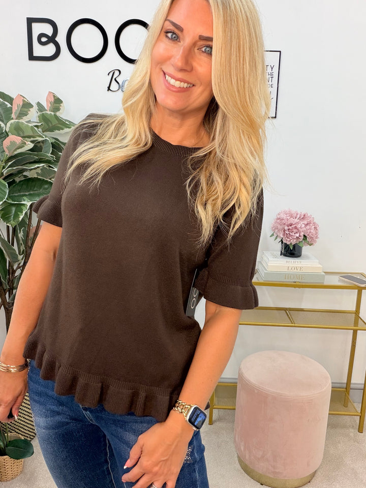 Ladies Fashion Short Sleeve Jumper - Black, Lime, White, Brown & Camel