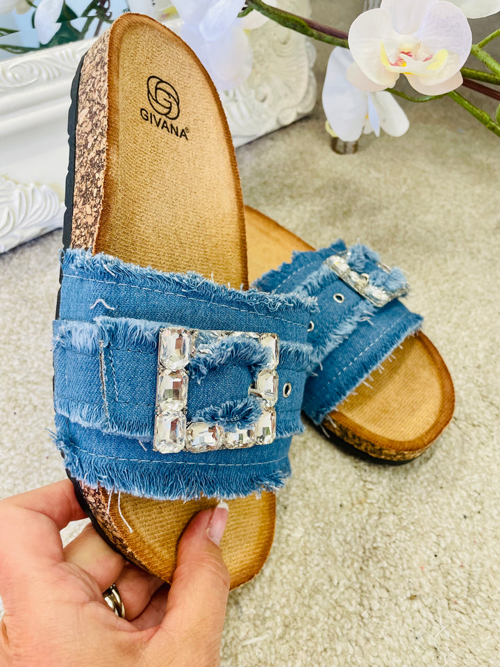 LADIES WOMENS BLUE DENIM DIAMANTE BUCKLE SLIDER SUMMER SANDALS