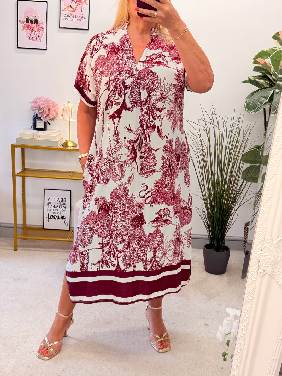 Ladies Jungle Print Loose Fit Summer Maxi Dress - Wine, Brown & Denim Blue