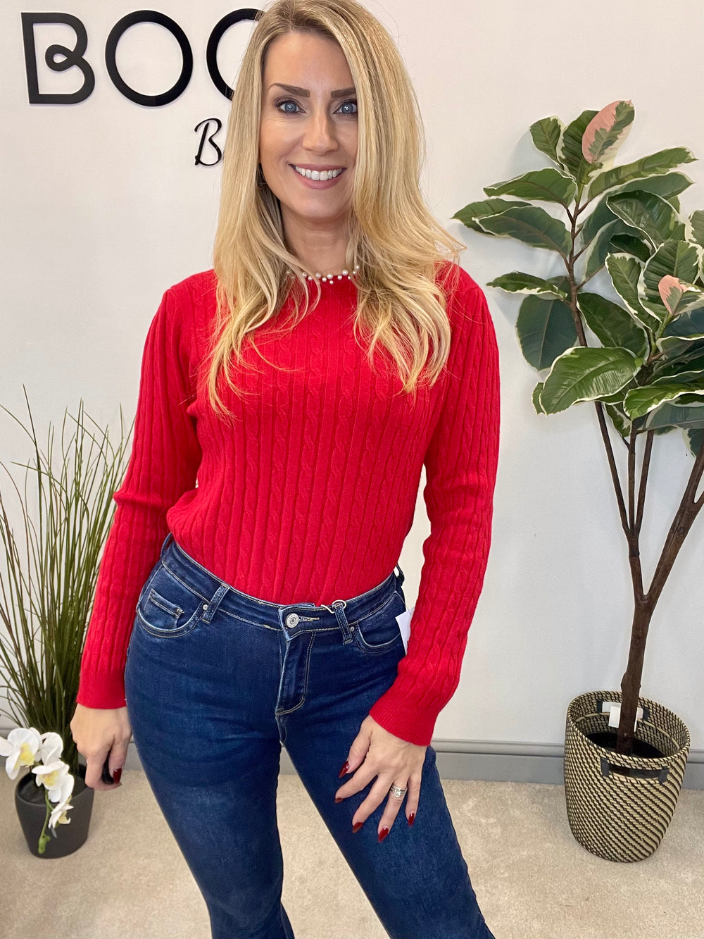 LADIES CABLE KNIT PEARL NECK JUMPER - BERRY, CREAM, BLACK, RED, BROWN