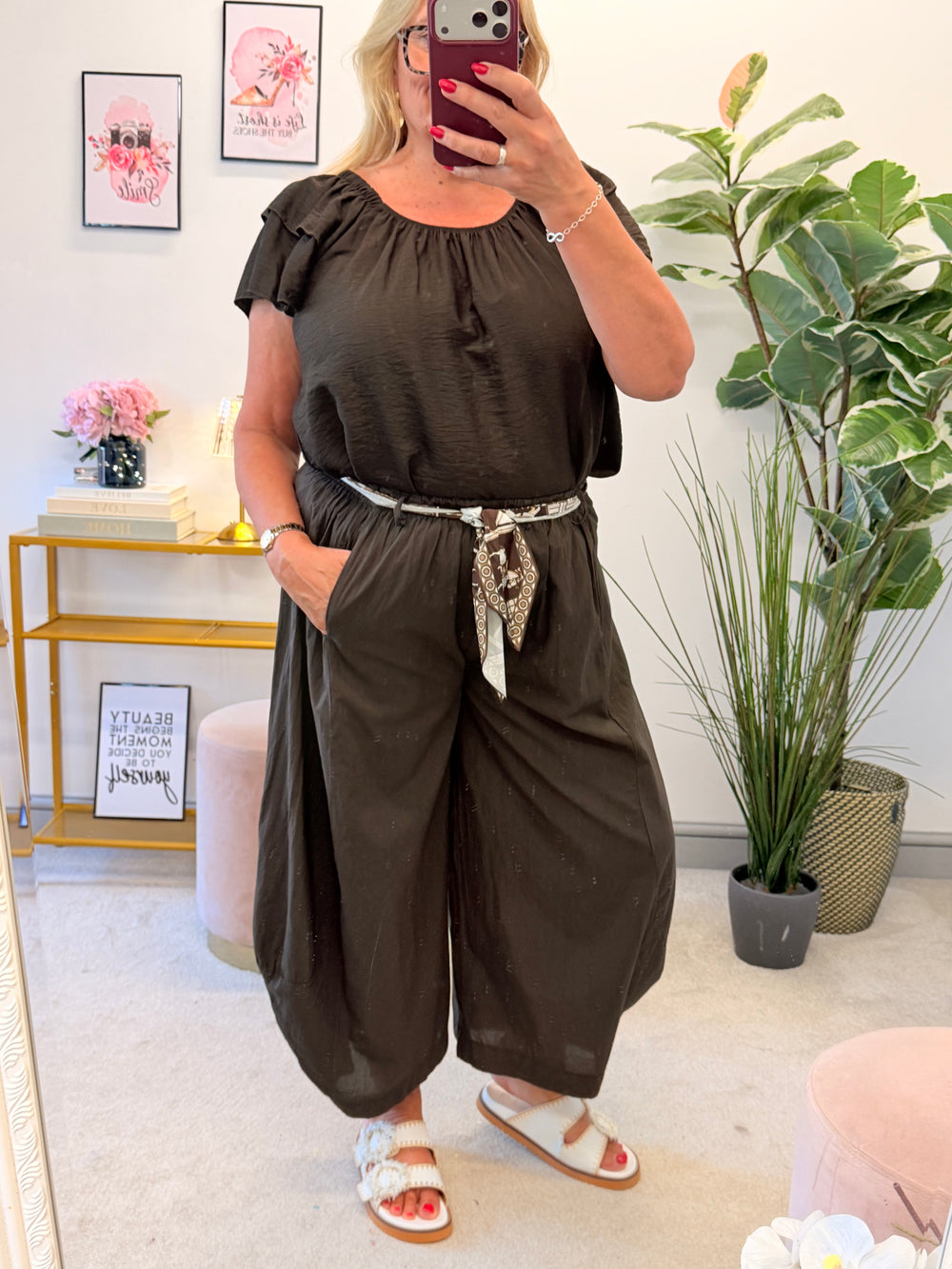 Ladies Cotton Barrel Leg Trousers - Brown, Black, Khaki & Denim Blue