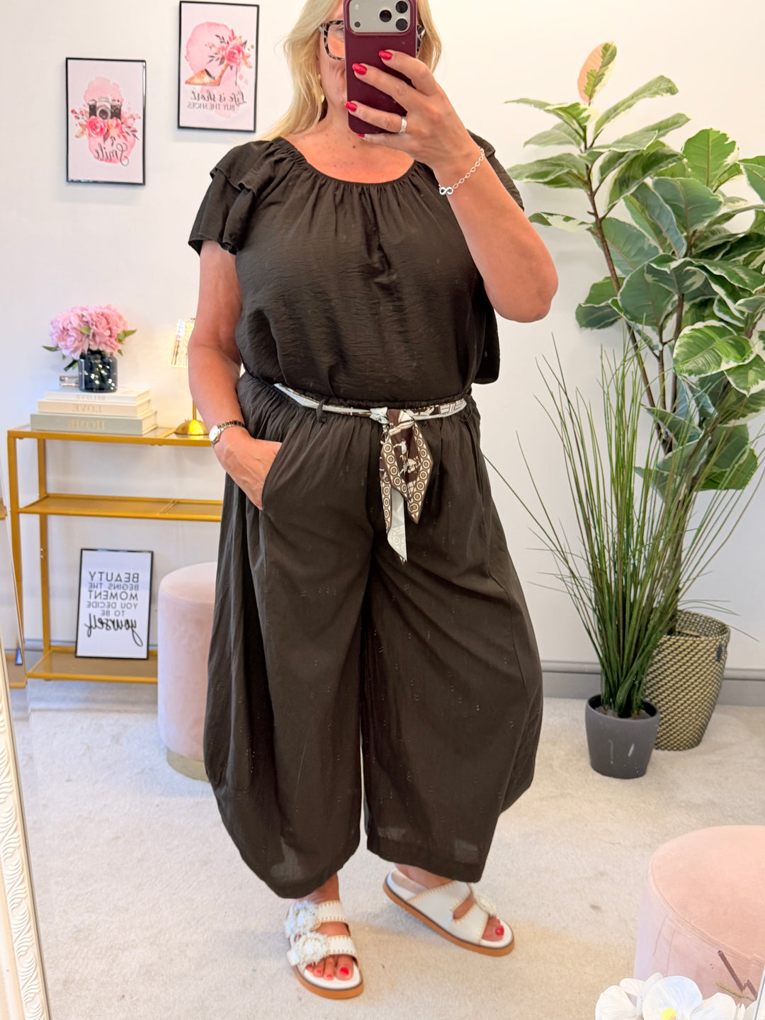 Ladies Cotton Barrel Leg Trousers - Brown, Black, Khaki & Denim Blue