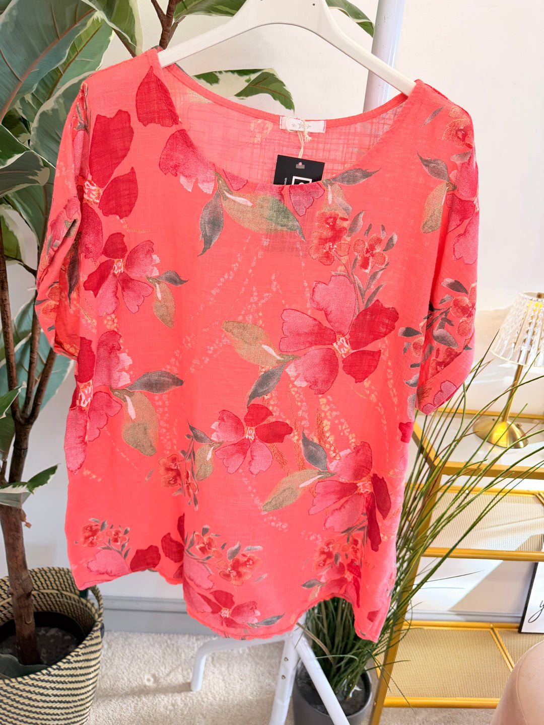 Ladies Flower Print Linen Casual Top - White, Pink, Lilac & Coral