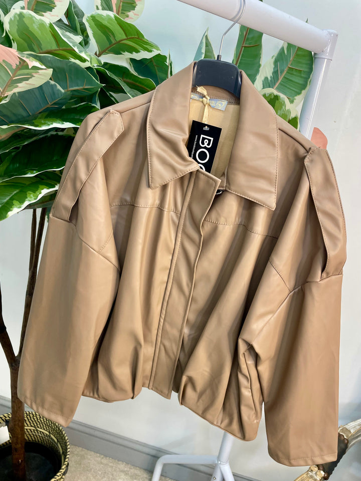 LADIES FASHION FAUX LEATHER BOMBER JACKET - BLACK, BROWN & BEIGE