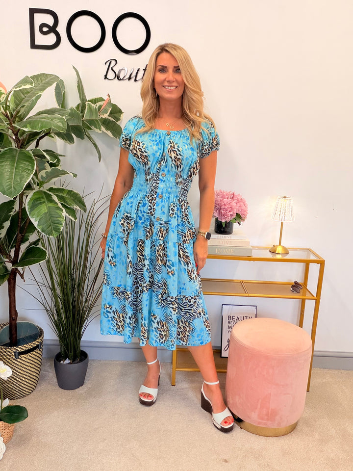 Ladies Animal Print Magic Bardot Midi Dress - Pink, Blue, Beige