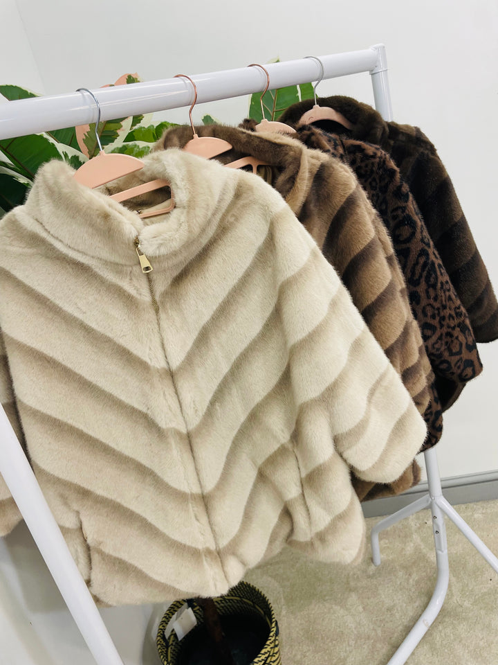 LADIES LUXURY FAUX FUR CAPE JACKET - BROWN, MINK, CREAM LEOPARD