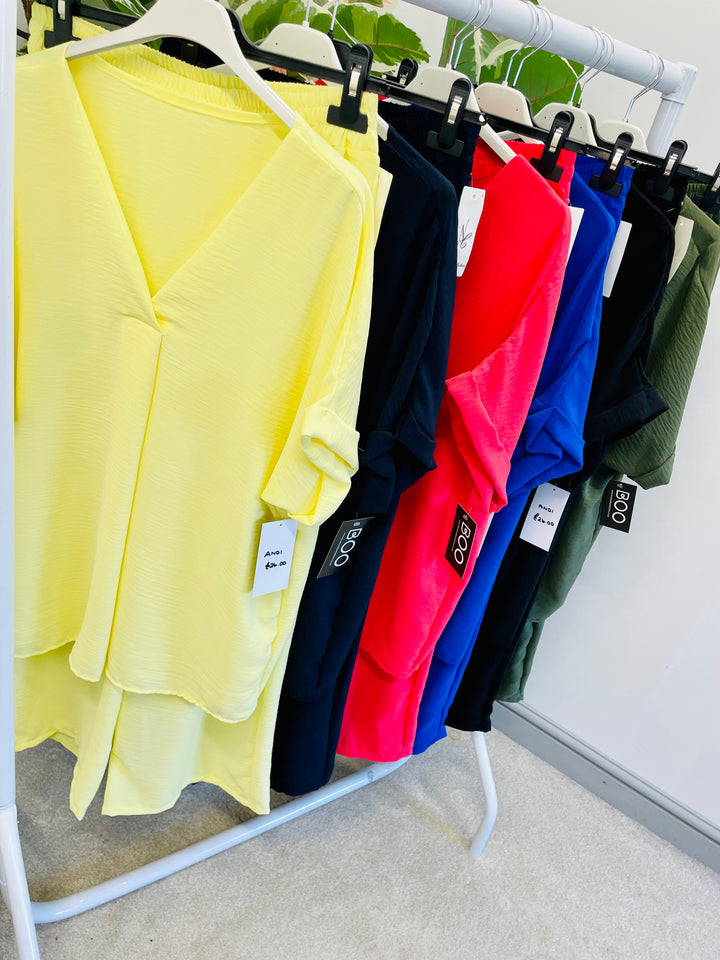 LADIES WIDE LEG TROUSER & TOP SUMMER CO ORD SET - ROYAL BLUE, NAVY, YELLOW, BLACK, KHAKI, CORAL